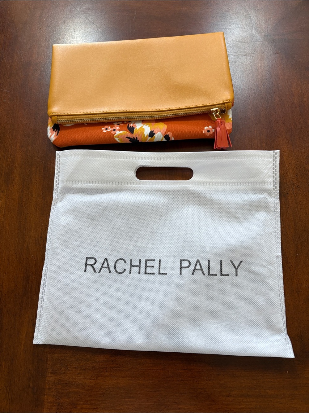 Rachel Pally Orange and Floral Foldover Clutch with Tassel